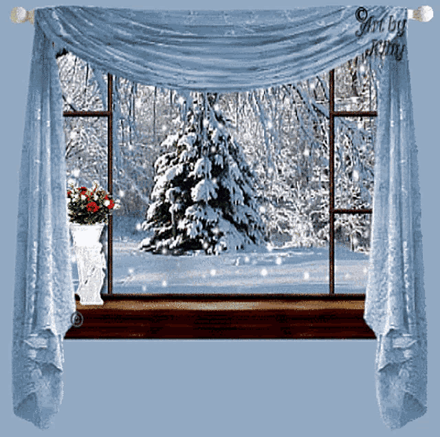 a window with a view of a snowy forest and the words art by jenny on the bottom