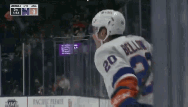 a hockey player with the number 20 on his jersey stands on the ice