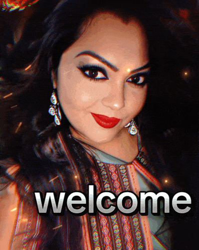 a picture of a woman with the word welcome written on it