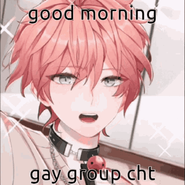 a picture of a boy with pink hair and a collar that says " good morning gay group cht "