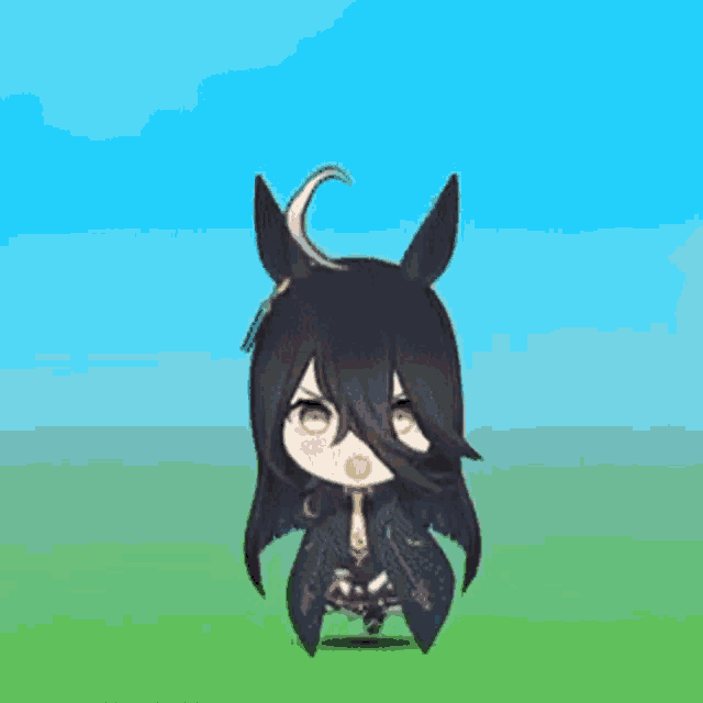 a cartoon character with long black hair and horns is sitting on the grass .