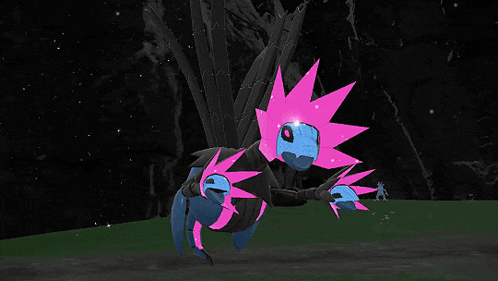 a cartoon character with pink spikes on its head is standing on a grassy field .