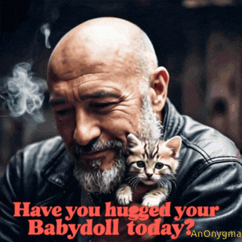 a bald man with a beard is holding a kitten in his arms with the words have you hugged your babydoll today