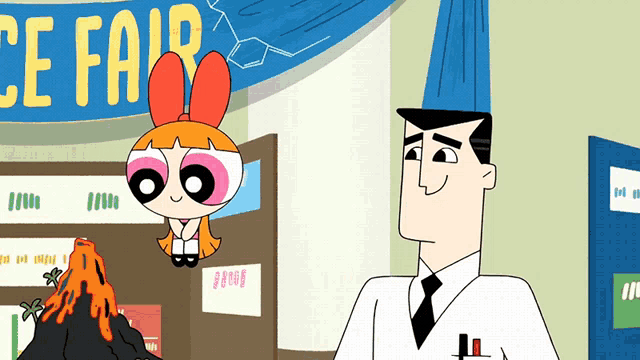 a man and a girl are standing in front of a science fair banner