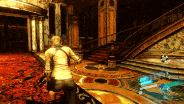 a video game shows a woman walking down a staircase with a weapon