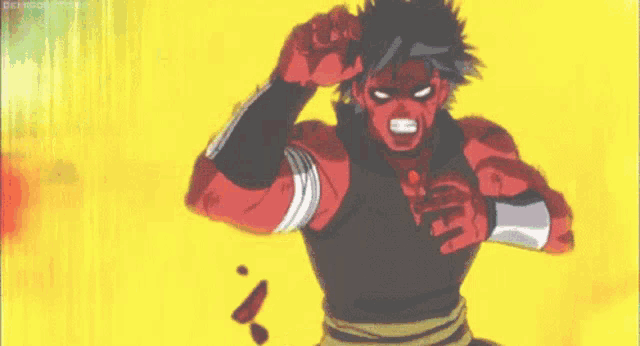 a cartoon character with a red face and black hair is standing in front of a yellow wall .
