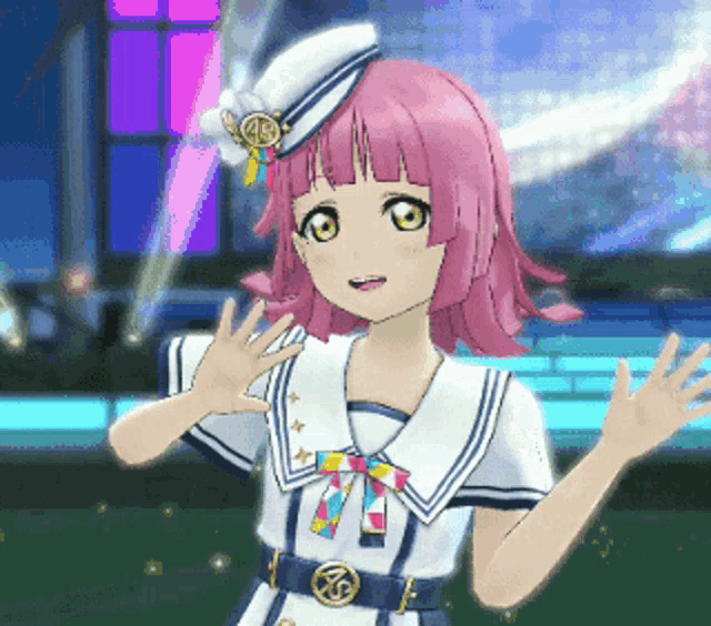 a girl with pink hair is wearing a white hat and a sailor outfit