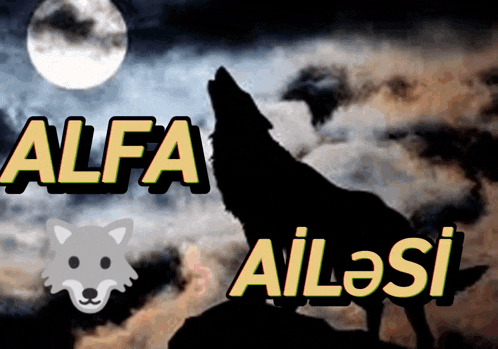 a wolf howling in front of a full moon and the words alfa ailesi