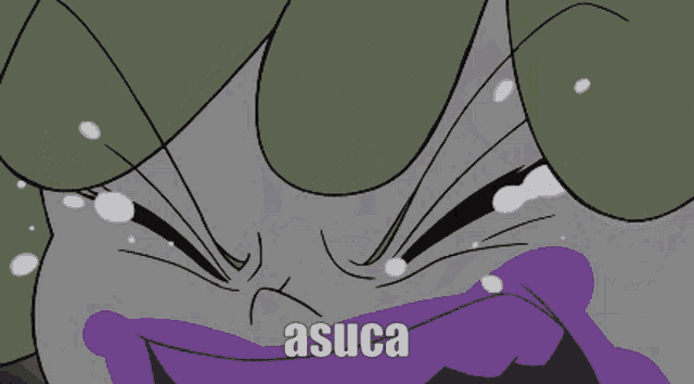 a close up of a cartoon character with the word asuca written below it