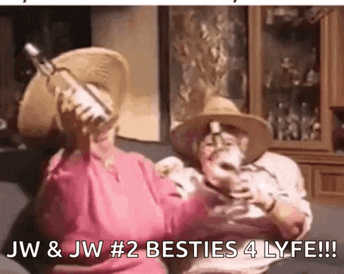 a man and a woman are sitting on a couch drinking wine with the caption jw & jw # 2 besties 4 lyfe !