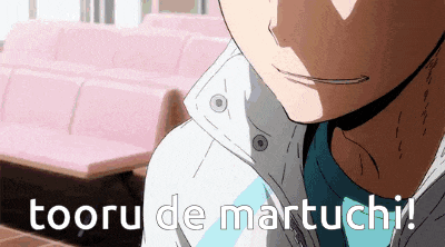 a close up of a person 's face with the words tooru de martuchi written above it