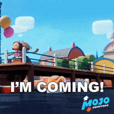 an advertisement for mojo swoptops shows a monkey holding balloons on a pier