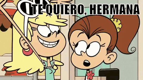 a cartoon of two girls standing next to each other with the words te quiero hermana above them .