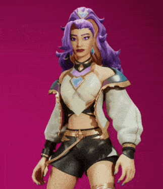 a woman with purple hair is wearing a crop top and shorts