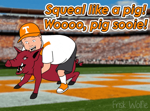a cartoon of a man carrying a pig with the words squeal like a pig woooo pig sooie