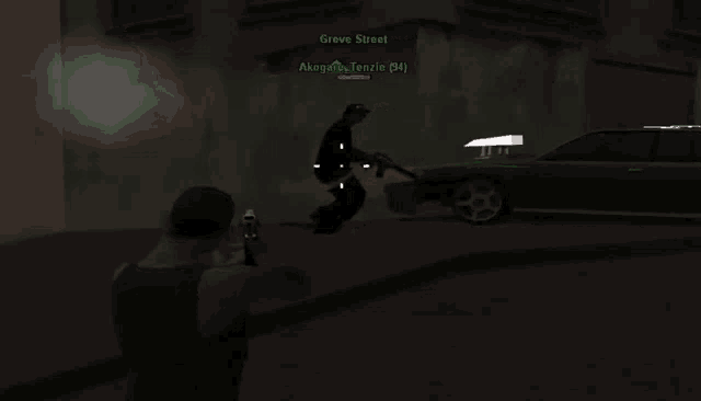 a screenshot of a video game shows a green car and a man with a gun named grove sheet