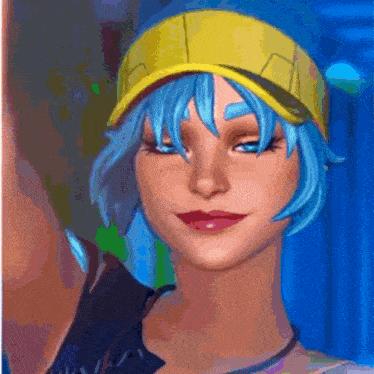 a woman with blue hair is wearing a yellow hat and taking a selfie .