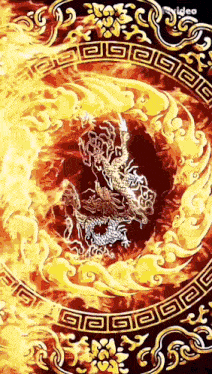 a dragon is surrounded by flames and a video logo
