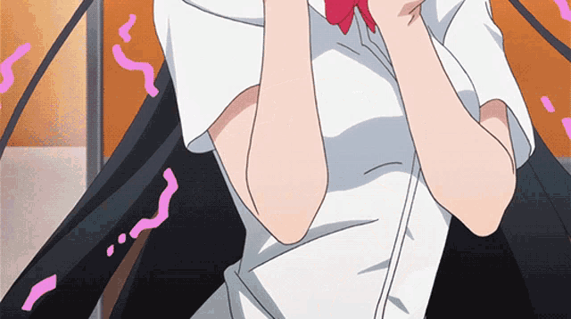 a girl in a white shirt with a red bow on her hair