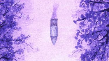 a purple background with purple flowers and a lantern