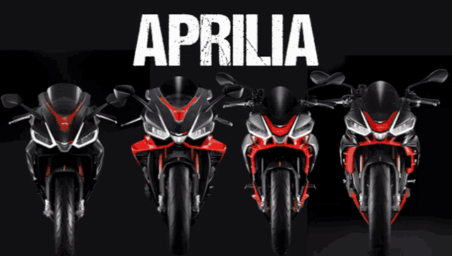 four different aprilia motorcycles are lined up in a row