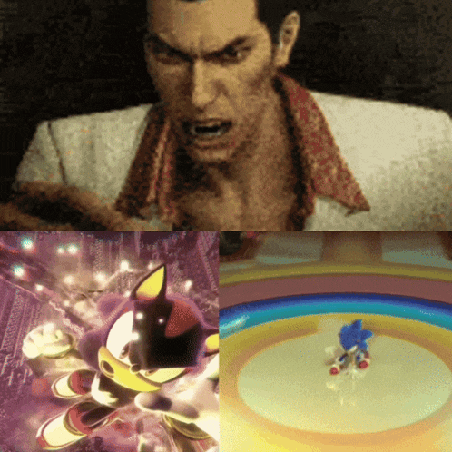a collage of images shows a man a cartoon character and sonic the hedgehog
