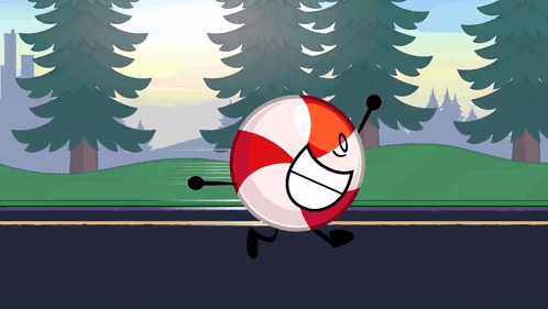 a red and white striped ball with arms and legs is running down the road