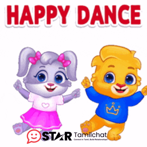 a cartoon of a rabbit and a lion dancing with the words happy dance above them