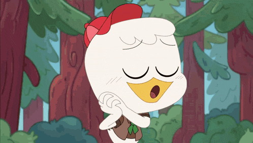 a cartoon of a duck wearing a red hat and a brown vest