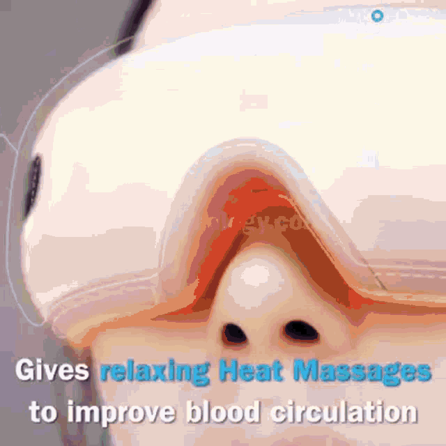 a close up of a person 's face with the words " gives relaxing heat massages to improve blood circulation " above it