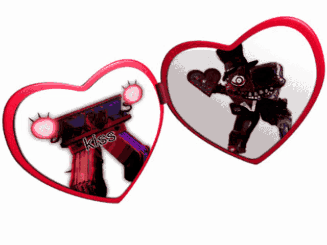 a heart shaped mirror has a picture of a robot holding a heart and the word kiss written on it