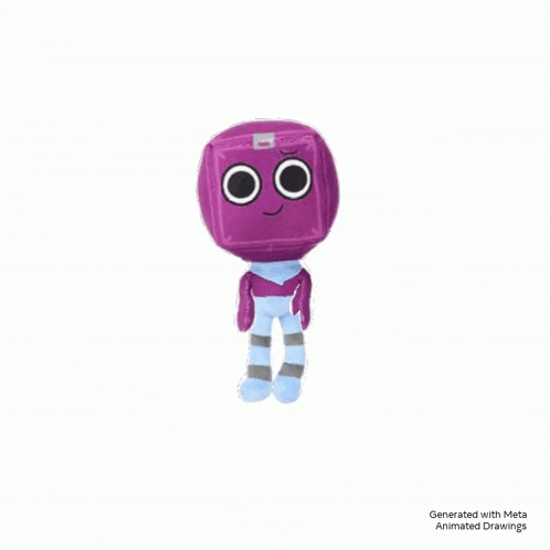 a purple cartoon character with big eyes and a scarf around his neck is standing on a white surface .