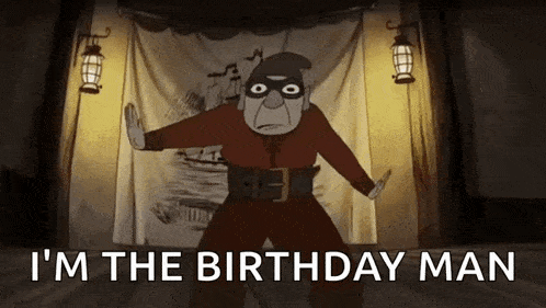 a cartoon character is standing on a stage with the words `` i 'm the birthday man '' .