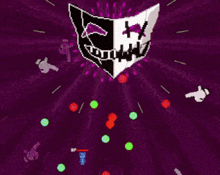 a video game with a purple and green background and a cat with a mask on it .