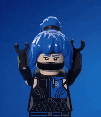 a lego figure with blue hair and a mask on