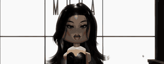 a doll with black hair and red lips is standing in front of a wall .