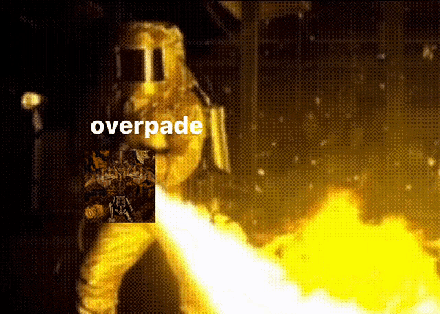 a man in a gas mask is holding a picture of a man with the word overpade written on it