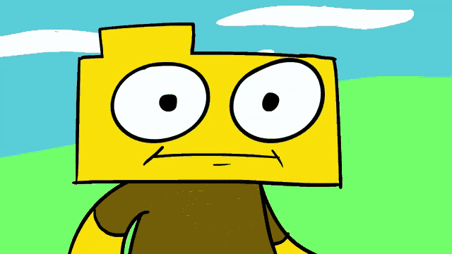 a cartoon character with a yellow head and brown arm