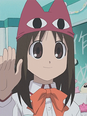 a cartoon girl wearing a cat hat with eyes on it