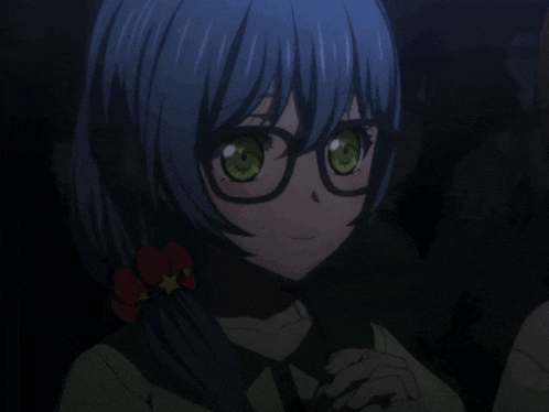 a girl with blue hair and green eyes is wearing glasses and a flower in her hair