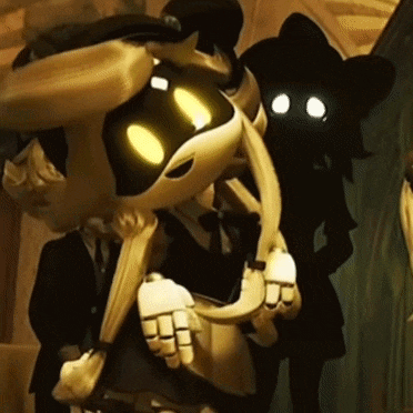 a man in a suit stands next to a cartoon character