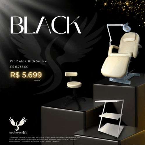 a black advertisement for salus brasil shows a chair a lamp and a cart