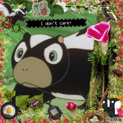 a picture of a skunk that says " i don 't care " on it