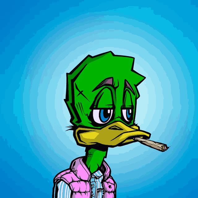 a cartoon of a duck smoking a cigarette and wearing a pink vest