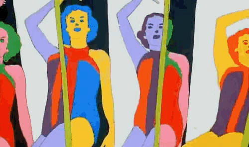 a colorful painting of a group of women standing next to each other on a pole .