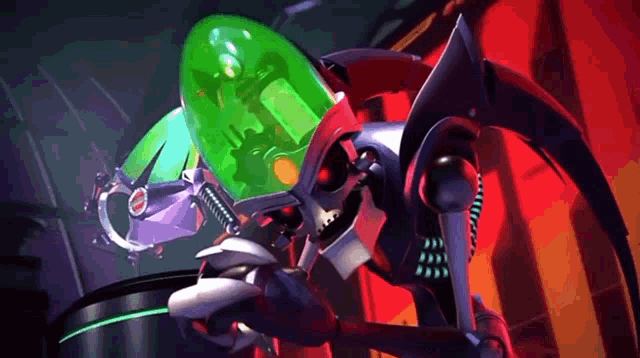a robot with a green helmet and red eyes is holding a controller .