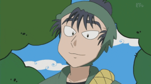 a cartoon character with a foreign language on the bottom