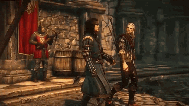 a woman in a red dress is standing next to a man and a woman in a video game .