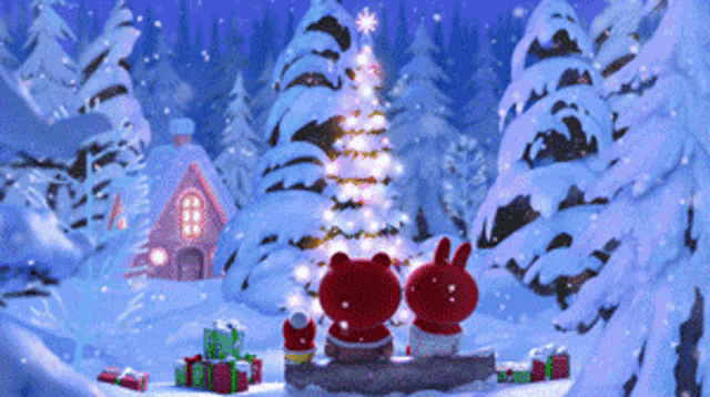 two teddy bears and a rabbit are sitting on a log in front of a christmas tree