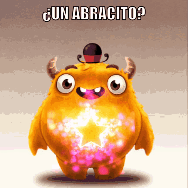 a cartoon character with horns and a top hat has a star in his chest and says un abrazito